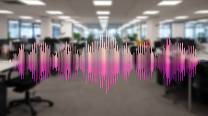 Audio waveform overlay on blurred office workspace background