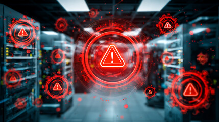 Digital warning symbols overlaying a server room with red alert indicators and hazard signs in a high-tech data center environment.