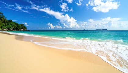 Idyllic Tropical Beach with Turquoise Water and Golden Sand Under a Partly Cloudy Sky Perfect for Summer Vacations and Relaxing Getaways