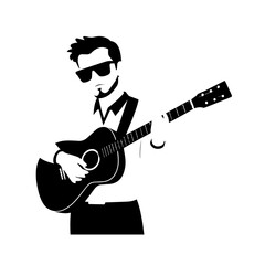 Obraz premium Black and white line art of a cool man playing guitar in casual outfit minimalist stylish illustration