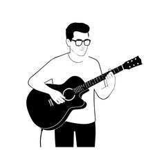 Obraz premium Black and white line art of a cool man playing guitar in casual outfit minimalist stylish illustration