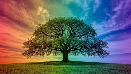 Fototapeta premium Rainbow tree symbolizing unity in colorful sky