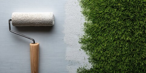 Paint Roller Applying Green Grass Texture on Wall, Creative Eco-Friendly Concept