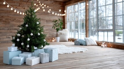 Illuminated Christmas Tree Presents Cozy Interior Setting with Warm Glowing Lights and Wood Plank Wall Background