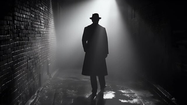 1920s detective walking alleyway at night
