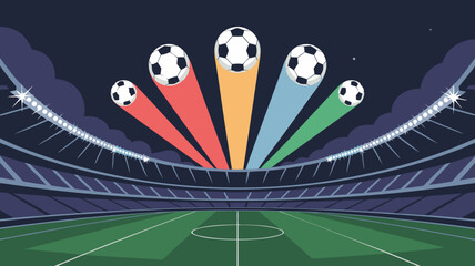Soccer balls soaring over stadium field. Night game celebration with vibrant graphics
