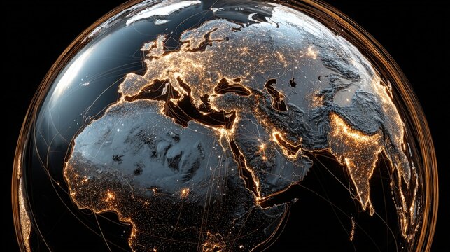 Detailed Globe View with City Lights Illuminating Europe, Africa and Asia Against a Black Background