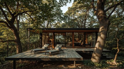 Modern forest house with glass walls
