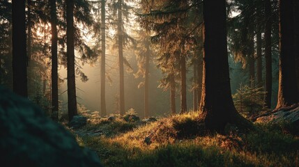 Obraz premium Sunlit Forest Scene: Majestic Trees and Golden Light Illuminating a Peaceful, Natural Woodland Environment