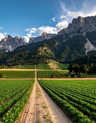 Panoramic rural landscape with a dirt road stretching into a valley surrounded by mountains