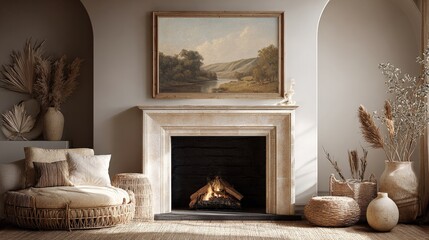 Fototapeta premium Elegant Living Room Interior Featuring Fireplace, Artwork, and Natural Textures in Neutral Tones