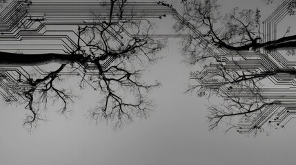 Abstract Trees and Circuitry Composition in Black and White, Technological Integration with Nature Concept