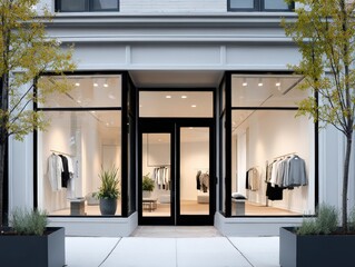 Elegant Boutique Facade Featuring Minimalist Design and Natural Light Showcasing Clothing Apparel and Window Display