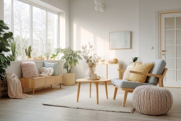 Bright and Airy Living Room with Natural Light, Neutral Decor, and Cozy Scandinavian Design Elements