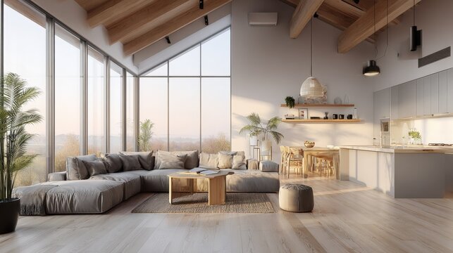 Modern Open Concept Living Space with Vaulted Ceiling, Natural Light, and Contemporary Design Elements