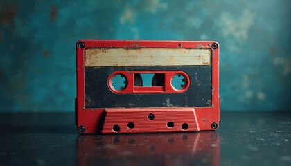 Vintage red and black cassette tape shows wear and tear against a textured blue background. Realistic illustration captures retro music nostalgia and offers a template for branding projects.