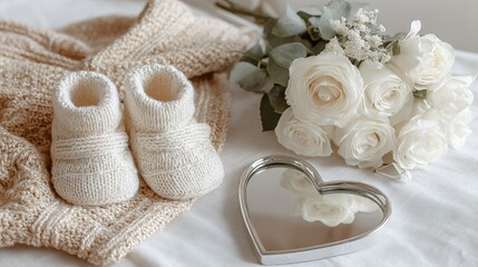Delicate baby announcement flatlay featuring booties, white roses, heart shaped decoration and soft knitted sweater.
