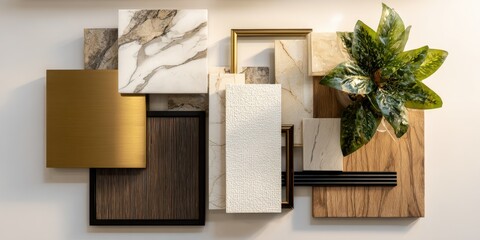 Interior design material samples featuring marble, wood, fabric, and metal, complemented by a decorative plant, displayed against a neutral wall