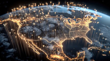 Global Connectivity over North America: A Digital Network Visualization of Data Transmission and Communication Infrastructure