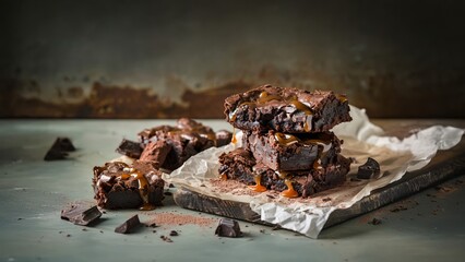 A stunning photo for bakeries and dessert brands. A cinematic close-up of a stack of gooey chocolate brownies with caramel sauce for a decadent autumn or winter holiday menu.