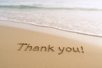 Fototapeta premium Thank you message written in sand on the beach with incoming wave washing over it
