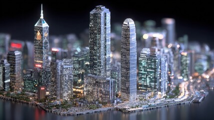 Naklejka premium Detailed Miniature Cityscape with Illuminated Skyscrapers and Waterfront, Capturing Urban Density and Modern Architectural Design