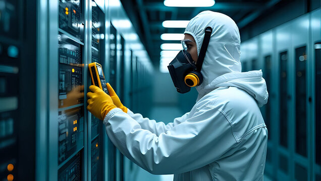 Portrait of radiation detection specialist wearing protective suit and mask, using geiger counter in nuclear facility -measuring radiation levels and safety data on control panel equipment concept 