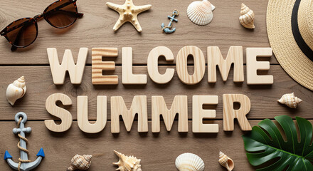 Welcome Summer Wooden Letters with Beach Accents on Wood Surface.
