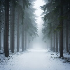 Fototapeta premium Snowy Pathway Through Tall Pine Trees in Winter Foggy Forest Scenery