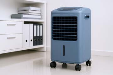 Portable Evaporative Air Cooler in Modern Office Setting for Personal Climate Control and Comfort