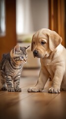 Adorable Labrador Puppy and Tabby Kitten Face-to-Face on a Wooden Floor, Sharing a Special Moment
