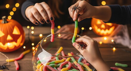 Obraz premium Kids reach for colorful gummy worms from a glass bowl decorated with Halloween decorations and are rewarded with a spooky sweet treat.