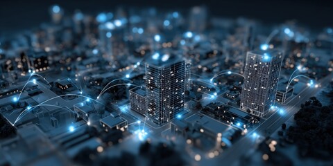Smart City Network: Modern Buildings Connected by Digital Network, Representing Future Technology and Urban Development