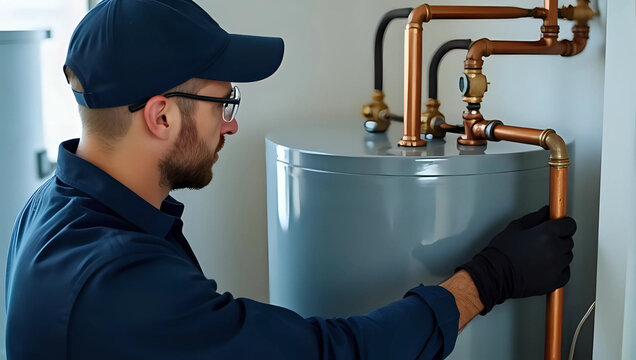Plumber wearing gloves for installing new water heater and connecting copper pipes, in utility room - professional plumbing work, home improvement and repair services concept 