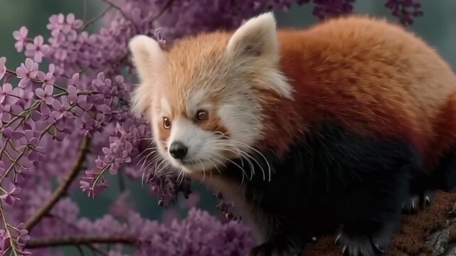 adorable red panda in the sakura garden