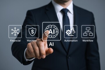 AI Technology Integration: Businessman Activating Artificial Intelligence Interface for Financial, Automation and Workflow Solutions