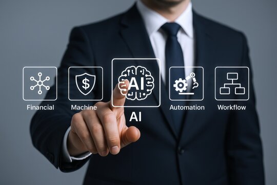 AI Technology Integration: Businessman Activating Artificial Intelligence Interface for Financial, Automation and Workflow Solutions - Powered by Adobe