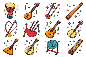 Obraz premium Global Music Icons. Colorful isometric vector icons set of global music instruments: African djembe, Indian sitar, Chinese erhu, Australian didgeridoo,