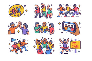 Fototapeta premium Group Running Icons. Colorful isometric vector icons set of group running and community: running club logo, group warm-up, synchronized stride, high five,