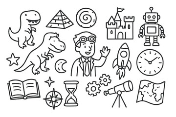 Time Traveler's Adventure. Hand-drawn doodle illustration time traveler?s encounters dinosaur, pyramid, castle, robot, rocket, globe, clock, spiral, telescope,
