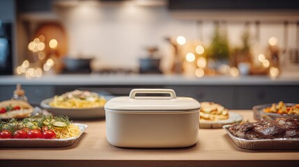 Elegant Kitchen Tabletop Display Featuring Modern Food Container with Delicious Dishes for Family Meal