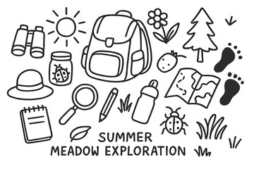 Summer Exploration Doodles. Hand-drawn doodle illustration summer meadow exploration backpack, binoculars, bug jar, notebook, pencil, hat, magnifying glass,