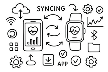Fitness App Syncing Doodle. Hand-drawn doodle illustration Fitness App Syncing mobile phones, syncing arrows, clouds, graphs, Wi-Fi icons, download arrows,