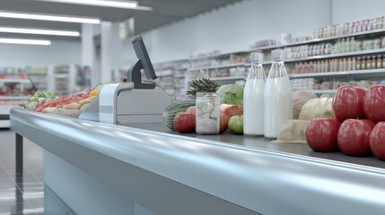 Checkout Conveyor Belt at Grocery Store with Fresh Produce, Dairy, and Packaged Goods Background