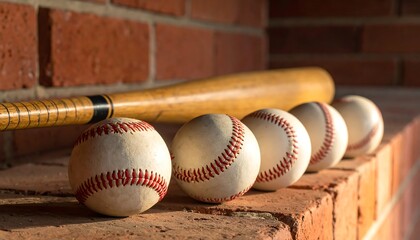 Baseball bat and balls against brick wall