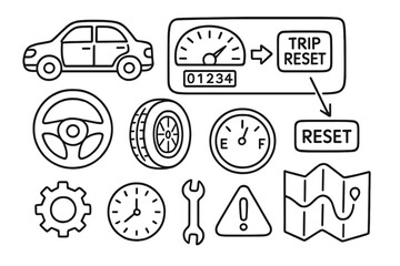 Fototapeta premium Vehicle Trip Reset Doodles. Hand-drawn doodle illustration [Vehicle trip reset concept] [car, dashboard, odometer, button, arrow, speedometer, steering wheel,