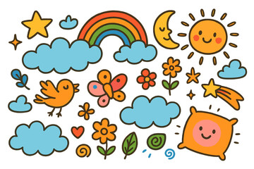 Floating Cloud Doodles. Colorful Hand-drawn doodle Children illustration Floating in the Clouds [clouds, rainbow, star, moon, sun, bird, butterfly, flower,