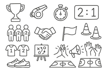 Sports Competition Icons. Hand-drawn doodle illustration team sports competition trophy, whistle, stopwatch, scoreboard, two teams, handshake, flag, cones,