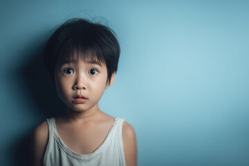 child with terrified expression is shedding tears on clean solidcolored background