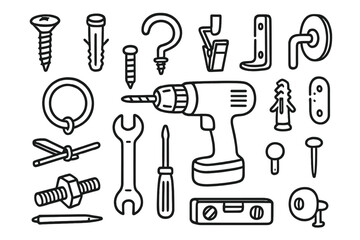 Obraz premium Curtain Hardware Sketch. Hand-drawn doodle illustration [curtain tie hardware] screw, anchor, metal hook, curtain clip, circular ring, bracket, wall plug,